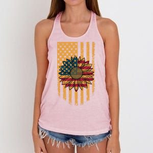 Distressed USA American Flag Sunflower Women's Knotted Racerback Tank