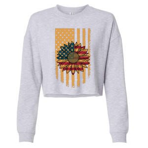 Distressed USA American Flag Sunflower Cropped Pullover Crew