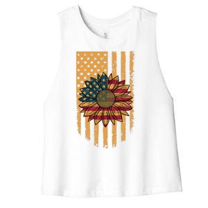 Distressed USA American Flag Sunflower Women's Racerback Cropped Tank