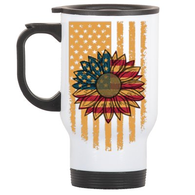 Distressed USA American Flag Sunflower Stainless Steel Travel Mug