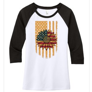 Distressed USA American Flag Sunflower Women's Tri-Blend 3/4-Sleeve Raglan Shirt