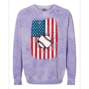 Distressed USA American Flag Baseball Colorblast Crewneck Sweatshirt