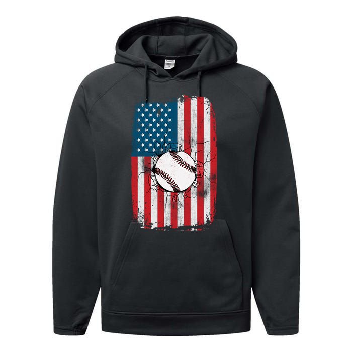 Distressed USA American Flag Baseball Performance Fleece Hoodie