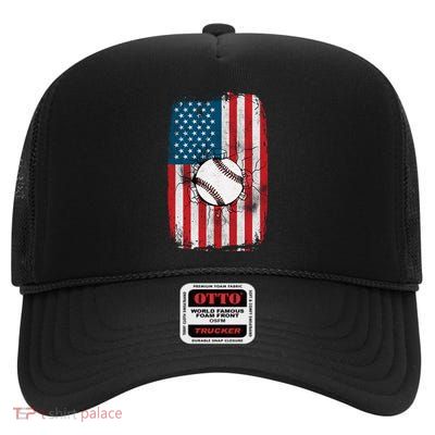 Distressed USA American Flag Baseball High Crown Mesh Back Trucker Hat