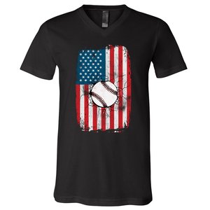 Distressed USA American Flag Baseball V-Neck T-Shirt