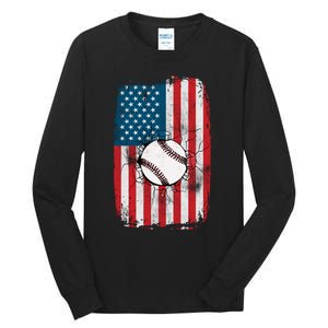 Distressed USA American Flag Baseball Tall Long Sleeve T-Shirt