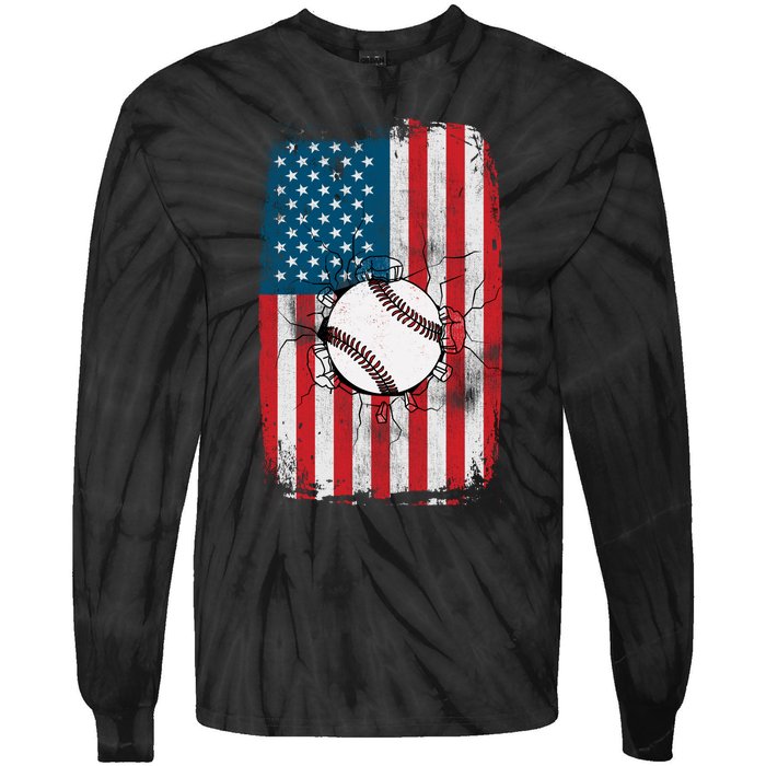 Distressed USA American Flag Baseball Tie-Dye Long Sleeve Shirt