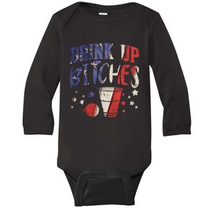 Drink Up Bitches Funny Usa 4th Of July Party Drinking Team Baby Long Sleeve Bodysuit