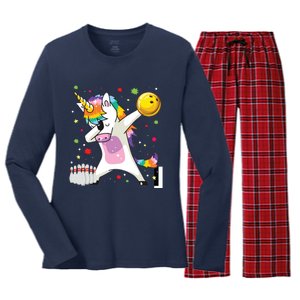 Dabbing Unicorn Bowling Funny Bowling Women's Long Sleeve Flannel Pajama Set 