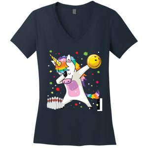 Dabbing Unicorn Bowling Funny Bowling Women's V-Neck T-Shirt