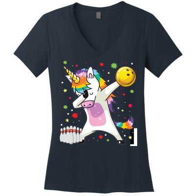 Dabbing Unicorn Bowling Funny Bowling Women's V-Neck T-Shirt