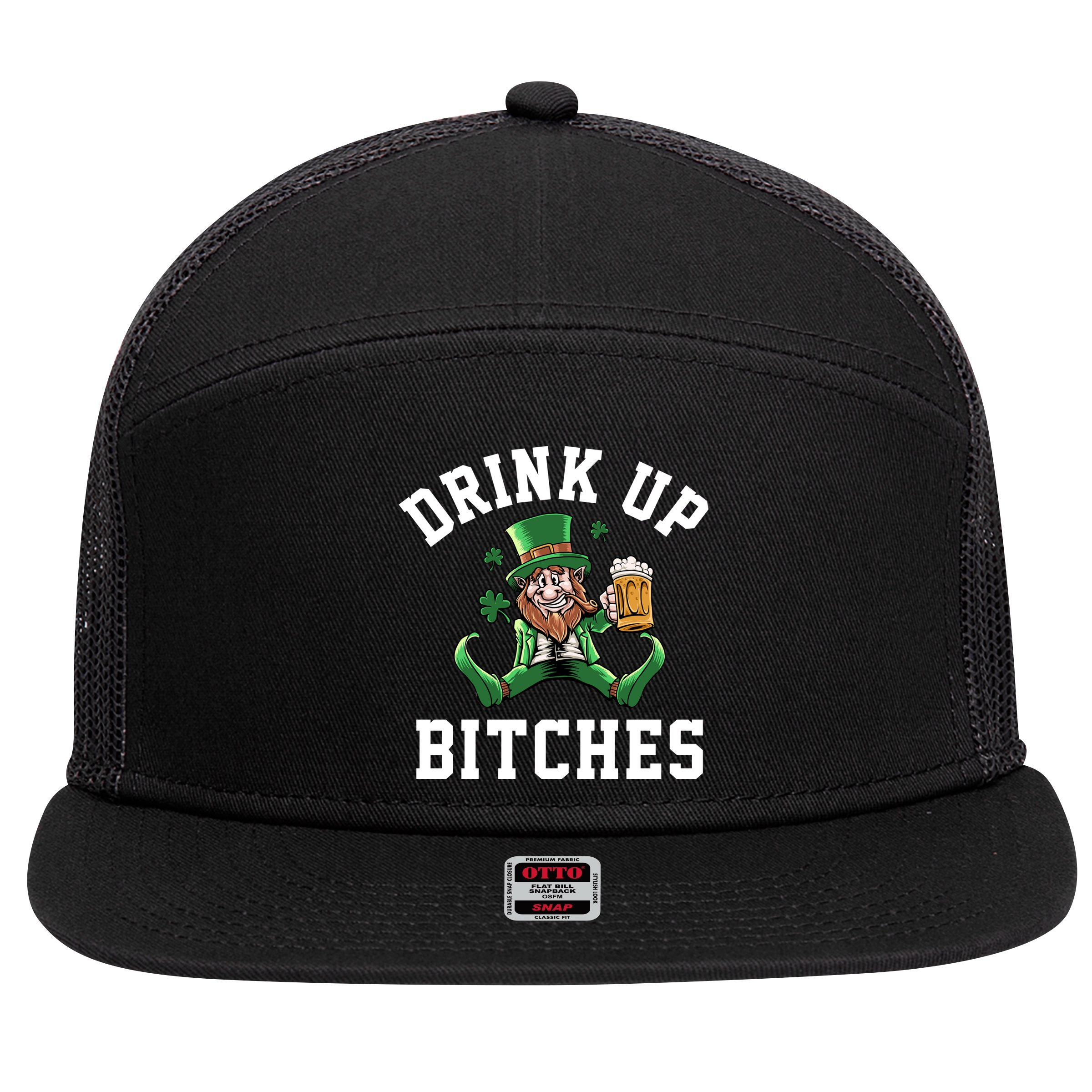 Drink Up Bitches Funny Leprechaun St Patrick's Day 7 Panel Mesh Trucker Snapback Hat
