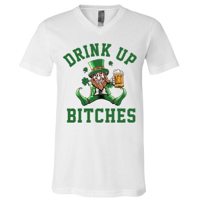 Drink Up Bitches Funny Leprechaun St Patrick's Day V-Neck T-Shirt