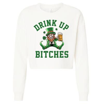 Drink Up Bitches Funny Leprechaun St Patrick's Day Cropped Pullover Crew