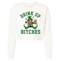 Drink Up Bitches Funny Leprechaun St Patrick's Day Cropped Pullover Crew