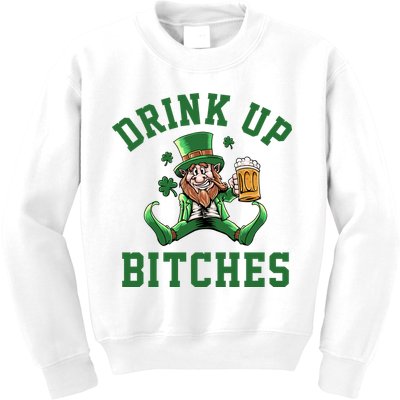 Drink Up Bitches Funny Leprechaun St Patrick's Day Kids Sweatshirt