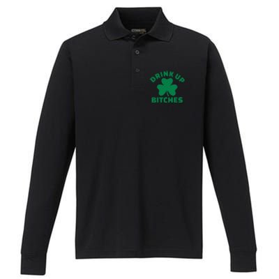 Drink Up Bitches With Shamrock, St Patrick's Day Performance Long Sleeve Polo