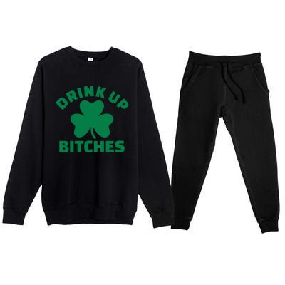 Drink Up Bitches With Shamrock, St Patrick's Day Premium Crewneck Sweatsuit Set