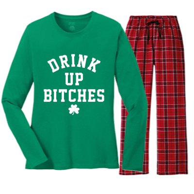 Drink Up Bitches Funny St Patrick's Day Party Women's Long Sleeve Flannel Pajama Set 