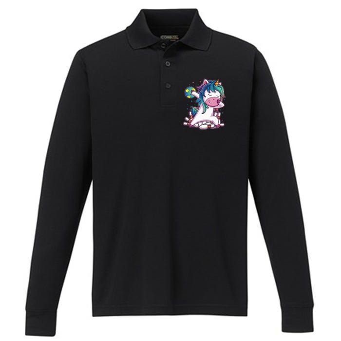 Dabbing Unicorn Bowling Birthday Party Gift For Performance Long Sleeve Polo