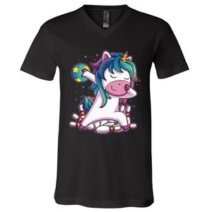 Dabbing Unicorn Bowling Birthday Party Gift For V-Neck T-Shirt