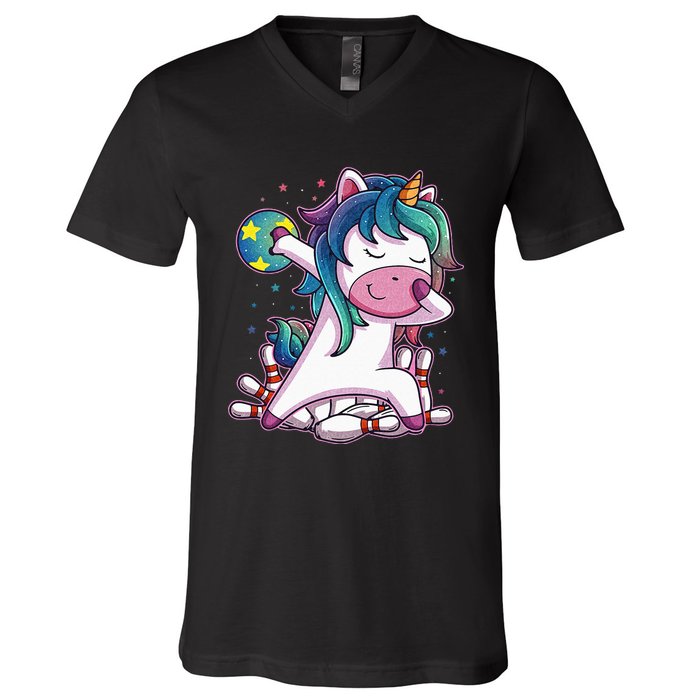 Dabbing Unicorn Bowling Birthday Party Gift For V-Neck T-Shirt