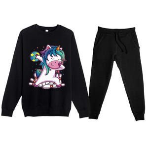 Dabbing Unicorn Bowling Birthday Party Gift For Premium Crewneck Sweatsuit Set