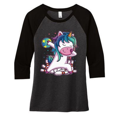 Dabbing Unicorn Bowling Birthday Party Gift For Women's Tri-Blend 3/4-Sleeve Raglan Shirt