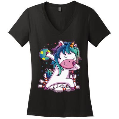 Dabbing Unicorn Bowling Birthday Party Gift For Women's V-Neck T-Shirt