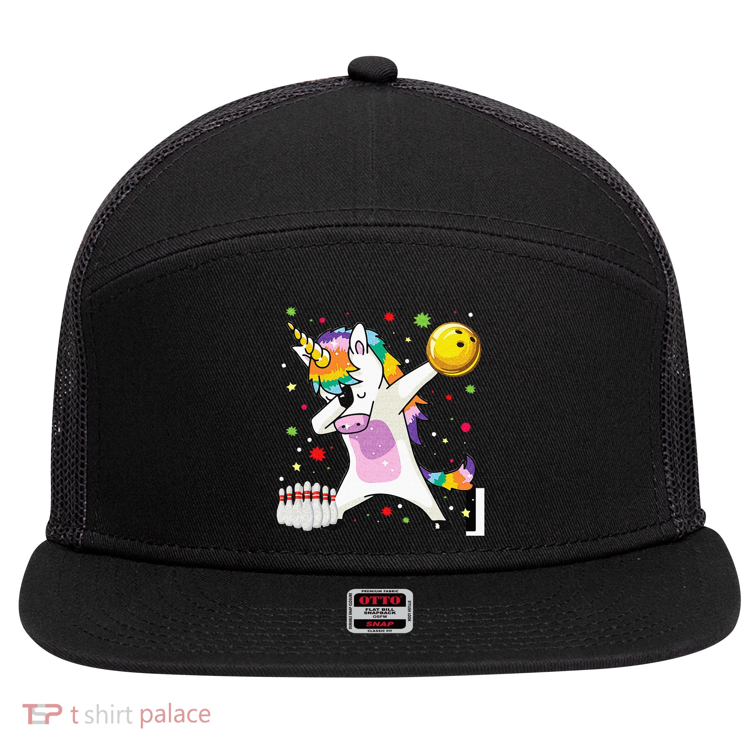 Dabbing Unicorn Bowling Funny Bowling Boy Girl 7 Panel Mesh Trucker Snapback Hat