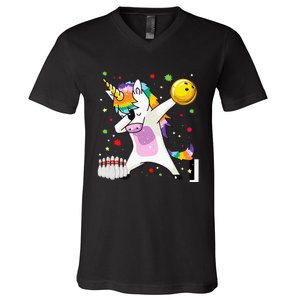 Dabbing Unicorn Bowling Funny Bowling Boy Girl V-Neck T-Shirt