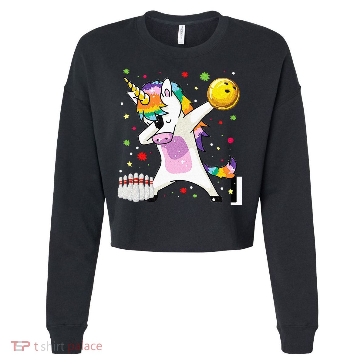 Dabbing Unicorn Bowling Funny Bowling Boy Girl Cropped Pullover Crew
