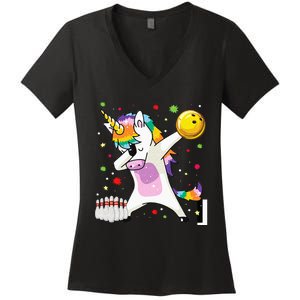 Dabbing Unicorn Bowling Funny Bowling Boy Girl Women's V-Neck T-Shirt