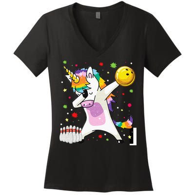 Dabbing Unicorn Bowling Funny Bowling Boy Girl Women's V-Neck T-Shirt