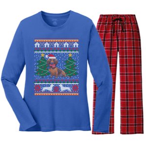 Dachshund Ugly Christmas Funny Holiday Dog Lover Xmas Gift Women's Long Sleeve Flannel Pajama Set 