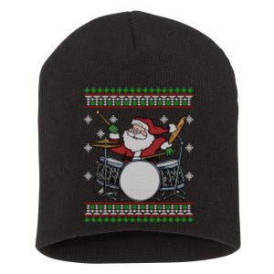 Drummer Ugly Christmas Sweater Santa Claus Playing Gift Short Acrylic Beanie