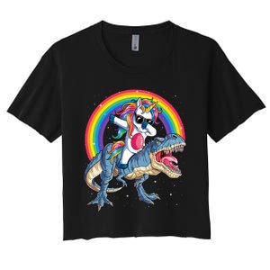 Dabbing Unicorn Dinosaur T Rex Rainbow Galaxy Women's Crop Top Tee