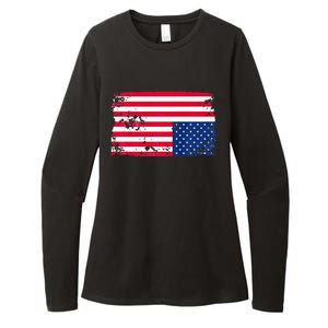 Distress Upside Down American Flag Womens CVC Long Sleeve Shirt