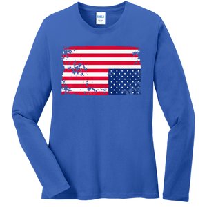 Distress Upside Down American Flag Ladies Long Sleeve Shirt