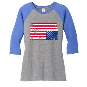 Distress Upside Down American Flag Women's Tri-Blend 3/4-Sleeve Raglan Shirt