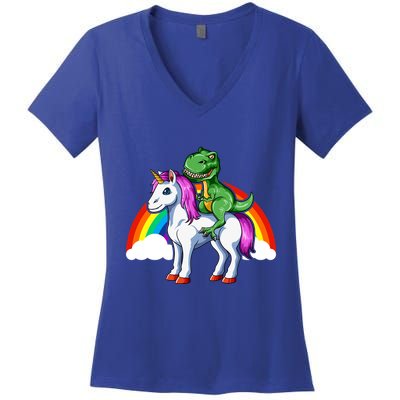 Dinosaur Unicorn Dinosaur Riding Unicorn T Rex Rainbow Gift Women's V-Neck T-Shirt