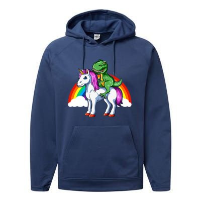 Dinosaur Unicorn Dinosaur Riding Unicorn T Rex Rainbow Gift Performance Fleece Hoodie