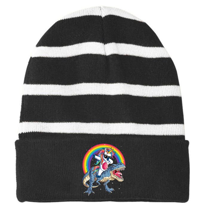 Dabbing Unicorn Dinosaur T Rex Striped Beanie with Solid Band