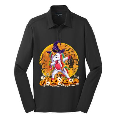 Dabbing Unicorn Dance Pumpkin Halloween Witch Skeleton Gift Silk Touch Performance Long Sleeve Polo