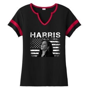 Distressed Us Flag Kamala Harris 2024 Madam Vice President Gift Ladies Halftime Notch Neck Tee