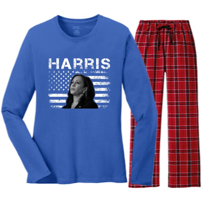 Distressed Us Flag Kamala Harris 2024 Madam Vice President Gift Women's Long Sleeve Flannel Pajama Set 