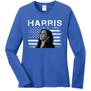 Distressed Us Flag Kamala Harris 2024 Madam Vice President Gift Ladies Long Sleeve Shirt