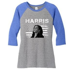 Distressed Us Flag Kamala Harris 2024 Madam Vice President Gift Women's Tri-Blend 3/4-Sleeve Raglan Shirt