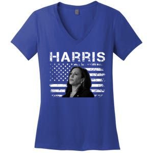 Distressed Us Flag Kamala Harris 2024 Madam Vice President Gift Women's V-Neck T-Shirt