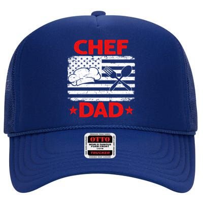 Distressed Usa Flag Chef Dad Patriotic Fathers Day Cute Gift High Crown Mesh Back Trucker Hat